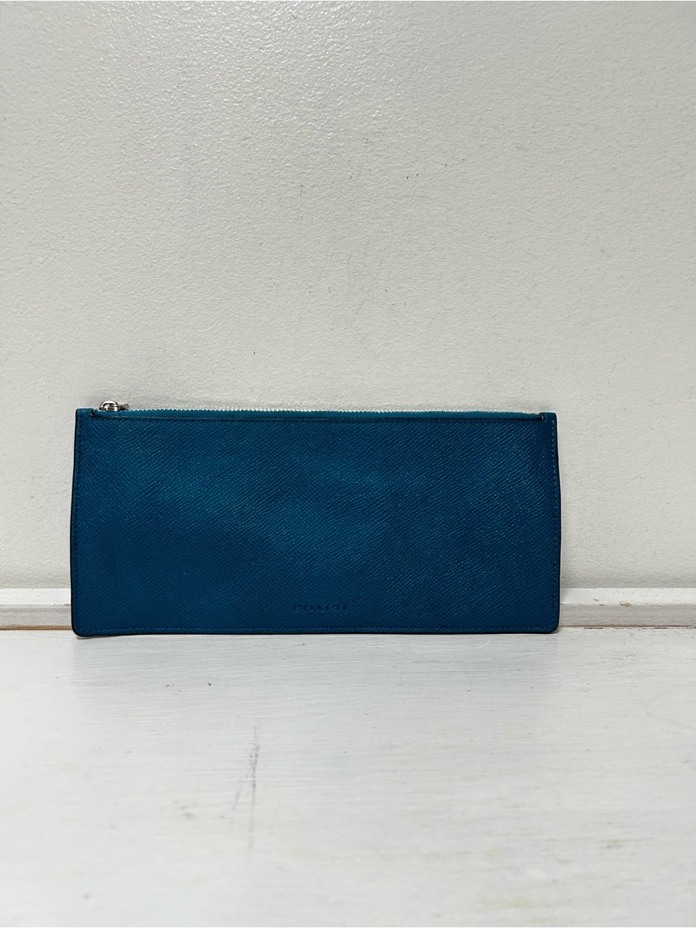 Coach Crossgrain Leather Zip Slim Insert Clutch Teal Blue Travel Organizer